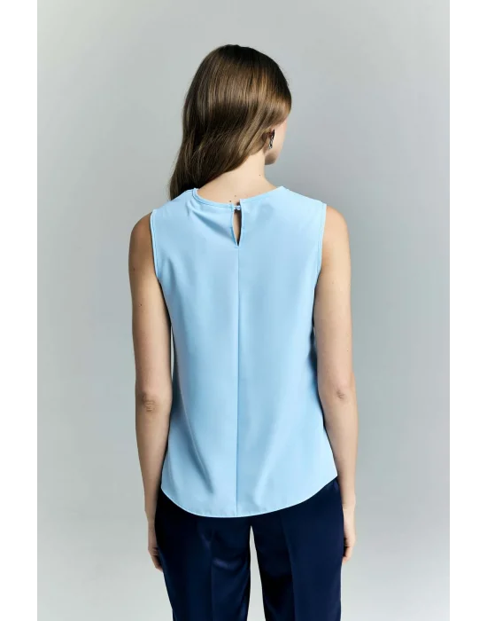 Degaje Yaka Kolsuz Bluz - Mavi