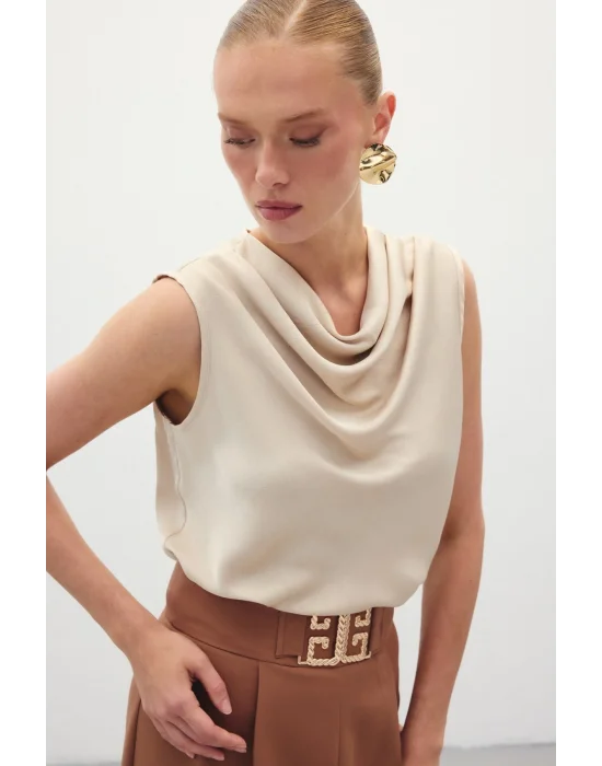 Degaje Yaka Saten Bluz - Bej