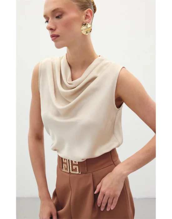 Degaje Yaka Saten Bluz - Bej