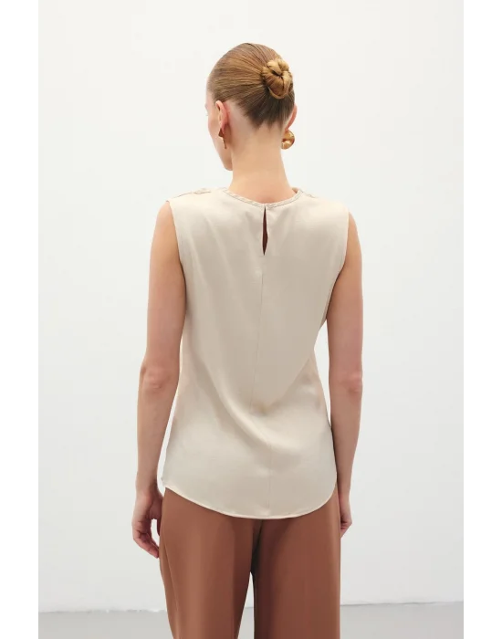 Degaje Yaka Saten Bluz - Bej