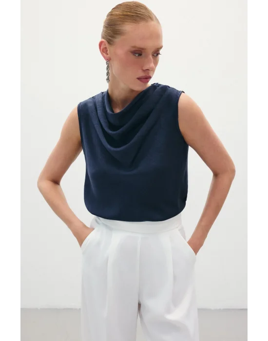 Degaje Yaka Saten Bluz - Lacivert