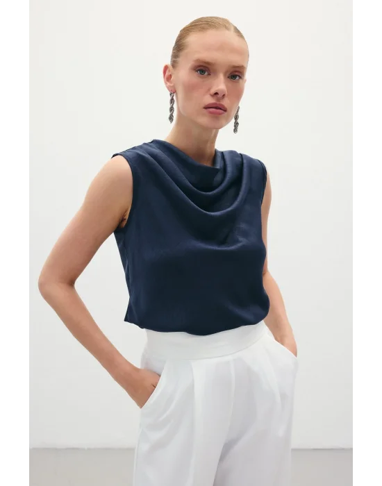Degaje Yaka Saten Bluz - Lacivert