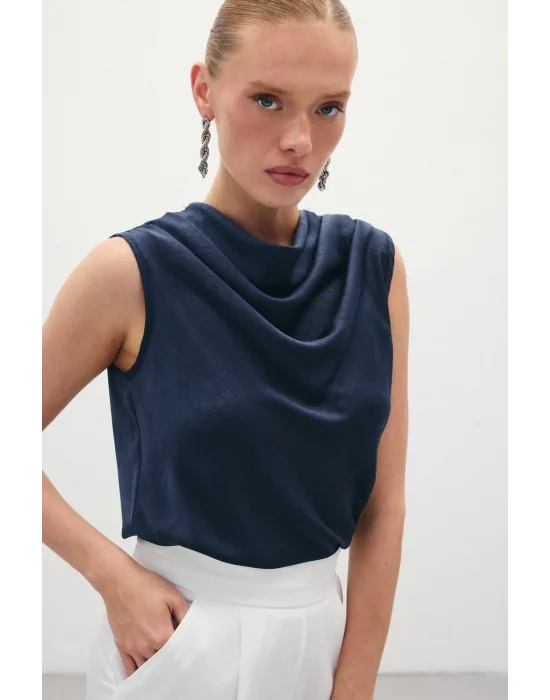 Degaje Yaka Saten Bluz - Lacivert