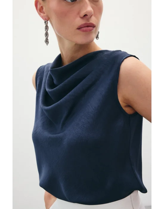 Degaje Yaka Saten Bluz - Lacivert