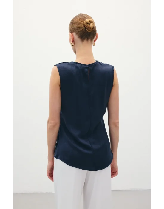 Degaje Yaka Saten Bluz - Lacivert