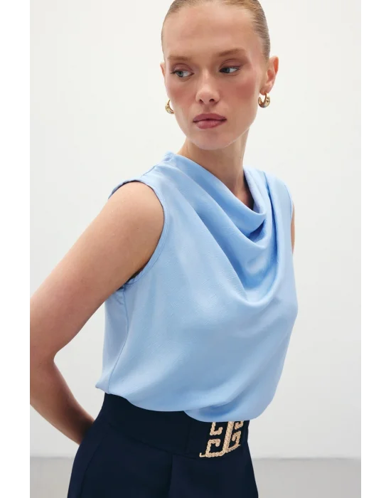 Degaje Yaka Saten Bluz - Mavi