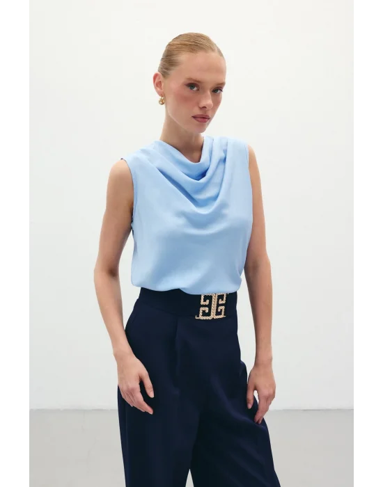 Degaje Yaka Saten Bluz - Mavi