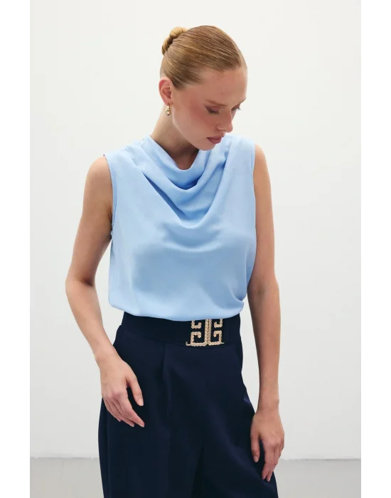 Degaje Yaka Saten Bluz - Mavi