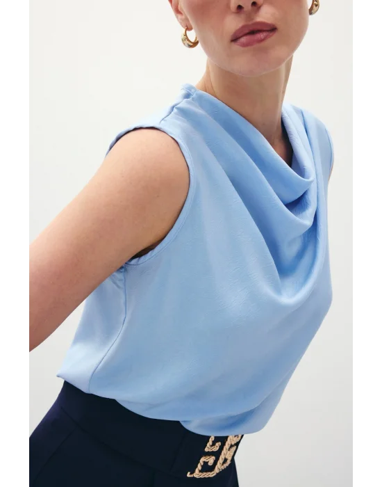 Degaje Yaka Saten Bluz - Mavi