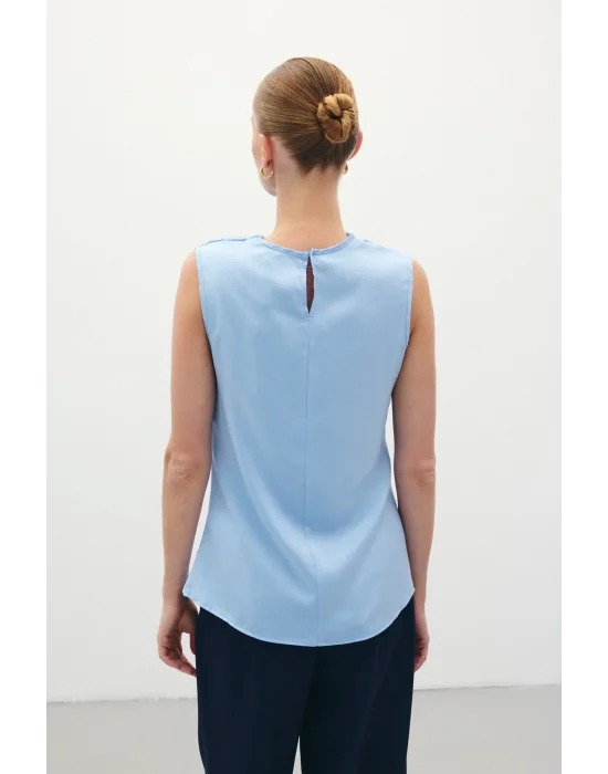 Degaje Yaka Saten Bluz - Mavi