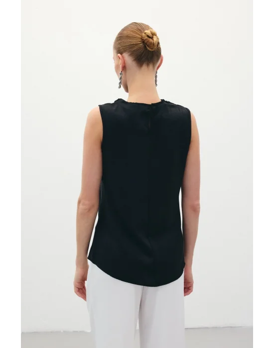Degaje Yaka Saten Bluz - Siyah