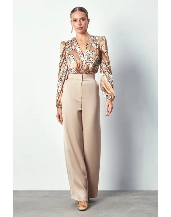 Desenli Bodysuit Bluz - Camel