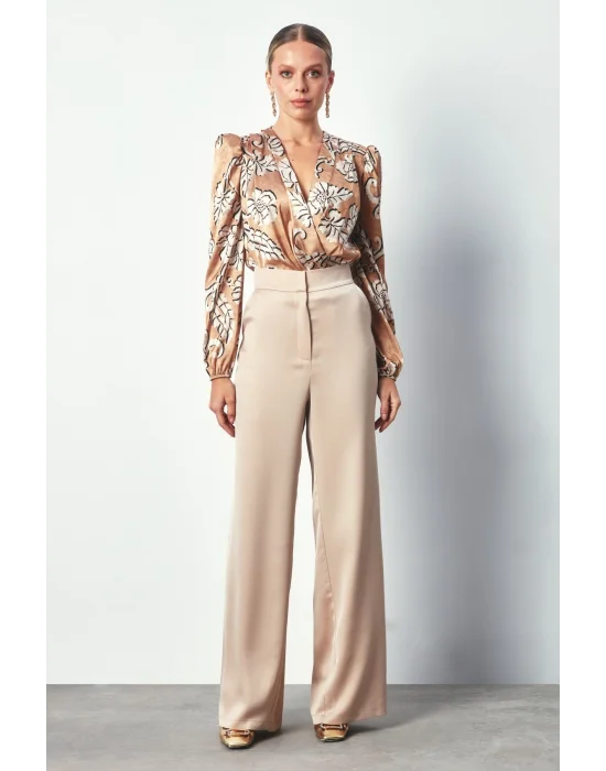 Desenli Bodysuit Bluz - Camel