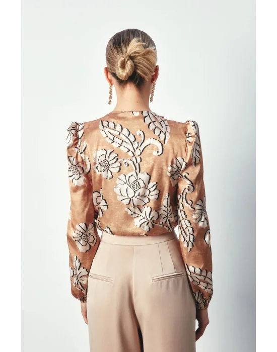 Desenli Bodysuit Bluz - Camel