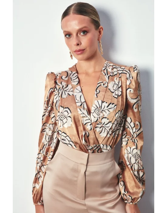 Desenli Bodysuit Bluz - Camel