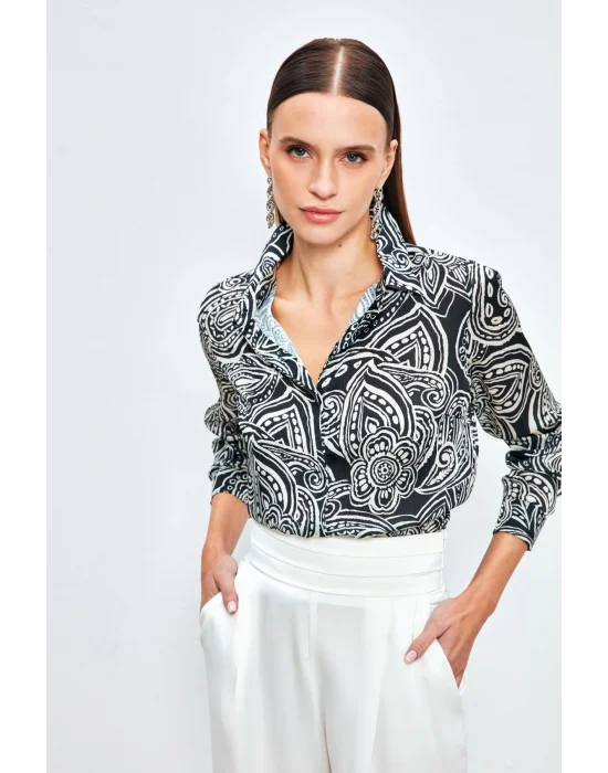 Desenli Düz Gömlek - Siyah