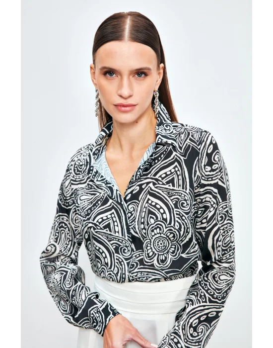 Desenli Düz Gömlek - Siyah