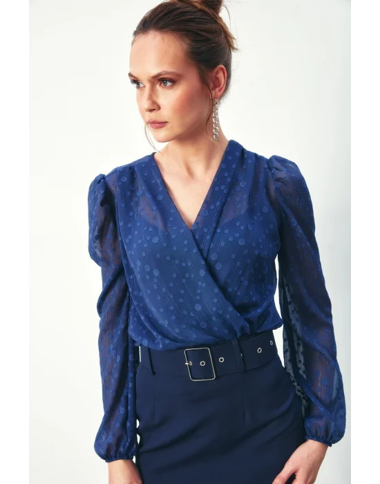 Desenli Kruvaze Bodysuit Bluz - Lacivert