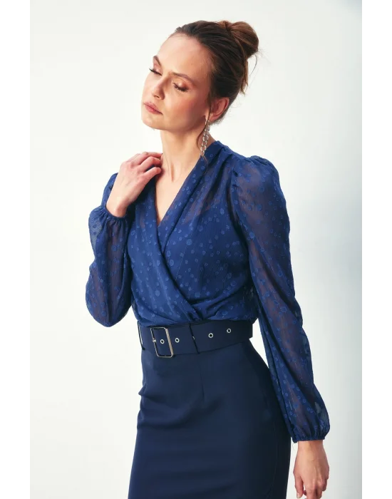 Desenli Kruvaze Bodysuit Bluz - Lacivert
