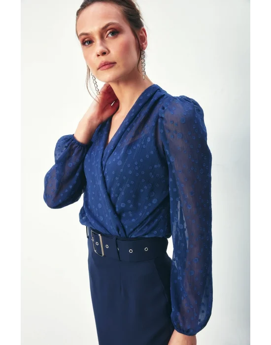 Desenli Kruvaze Bodysuit Bluz - Lacivert