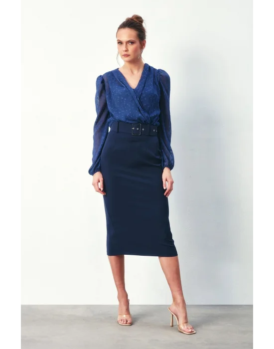 Desenli Kruvaze Bodysuit Bluz - Lacivert