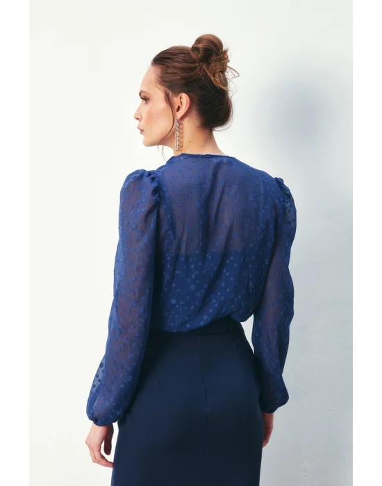 Desenli Kruvaze Bodysuit Bluz - Lacivert