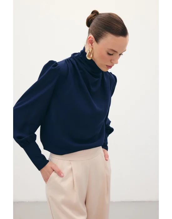 Drape Detaylı Bluz - Lacivert