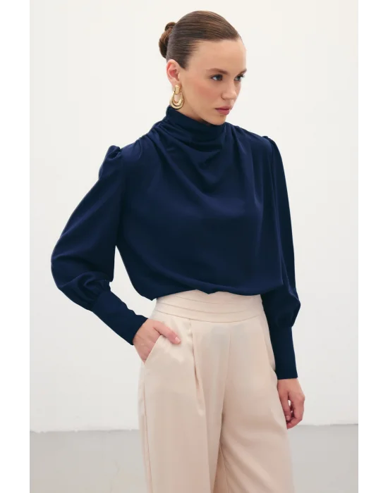 Drape Detaylı Bluz - Lacivert