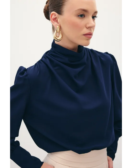 Drape Detaylı Bluz - Lacivert