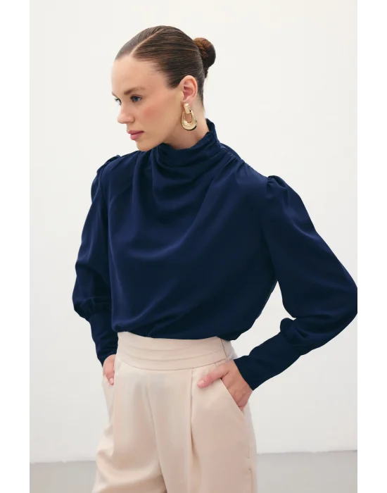 Drape Detaylı Bluz - Lacivert