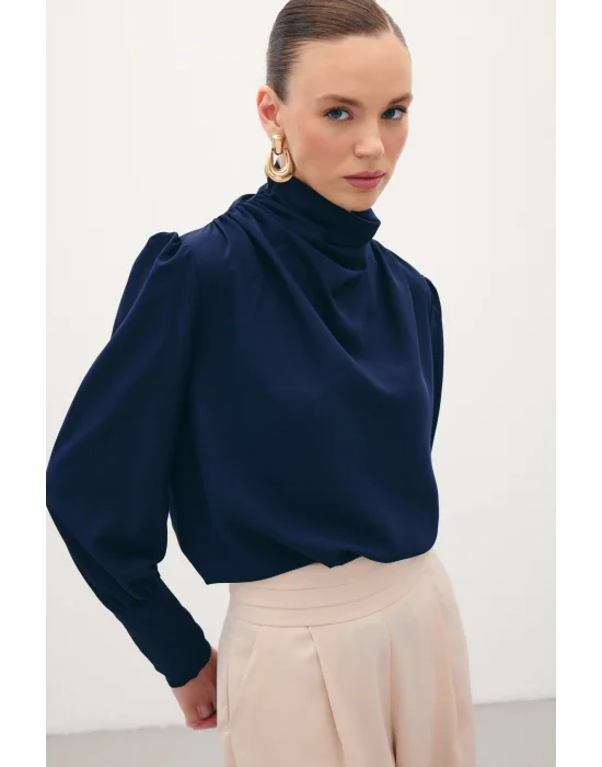 Drape Detaylı Bluz - Lacivert