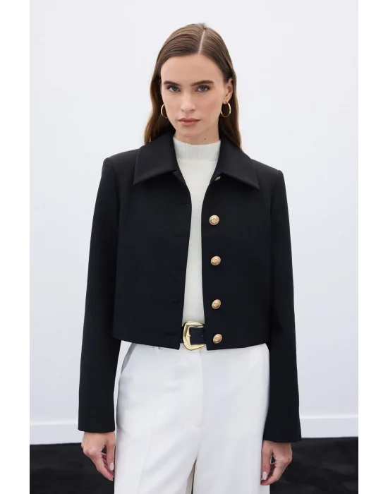 Düğmeli Kısa Ceket - Siyah