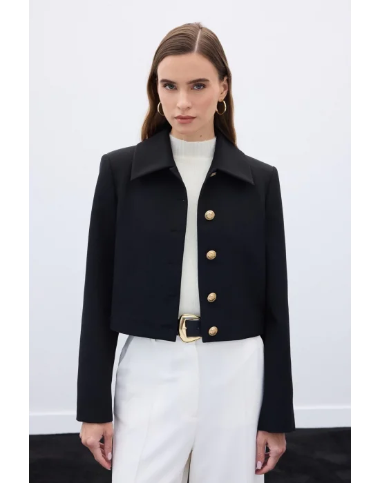 Düğmeli Kısa Ceket - Siyah