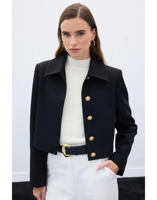 Düğmeli Kısa Ceket - Siyah