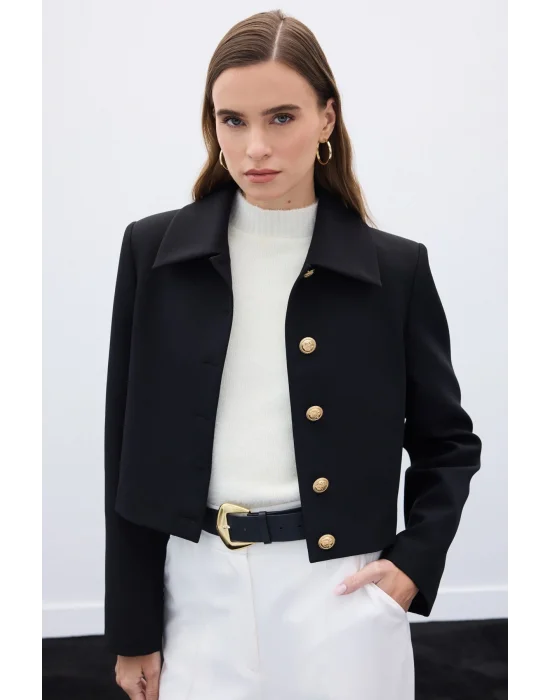 Düğmeli Kısa Ceket - Siyah