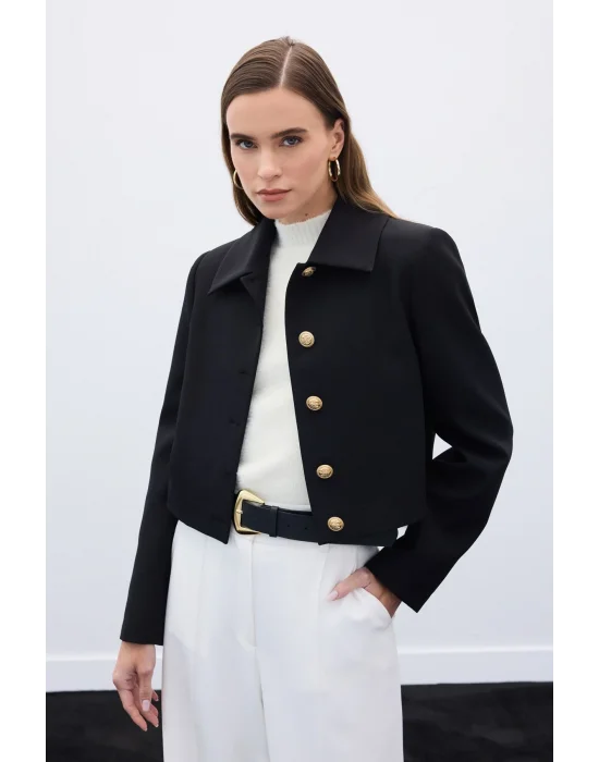 Düğmeli Kısa Ceket - Siyah