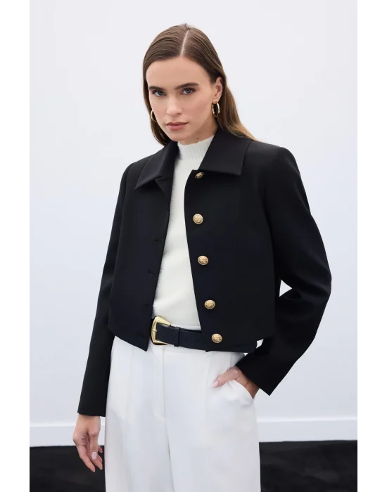 Düğmeli Kısa Ceket - Siyah