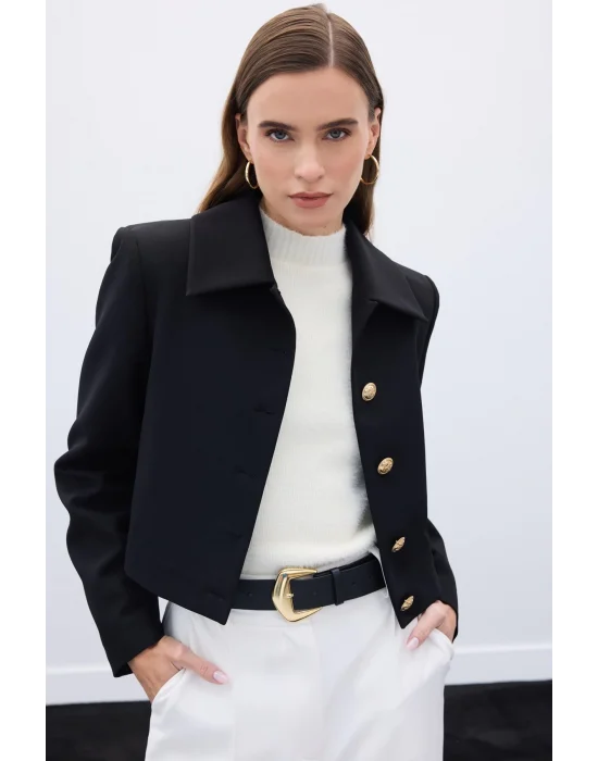 Düğmeli Kısa Ceket - Siyah