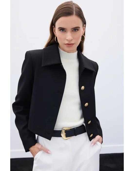 Düğmeli Kısa Ceket - Siyah