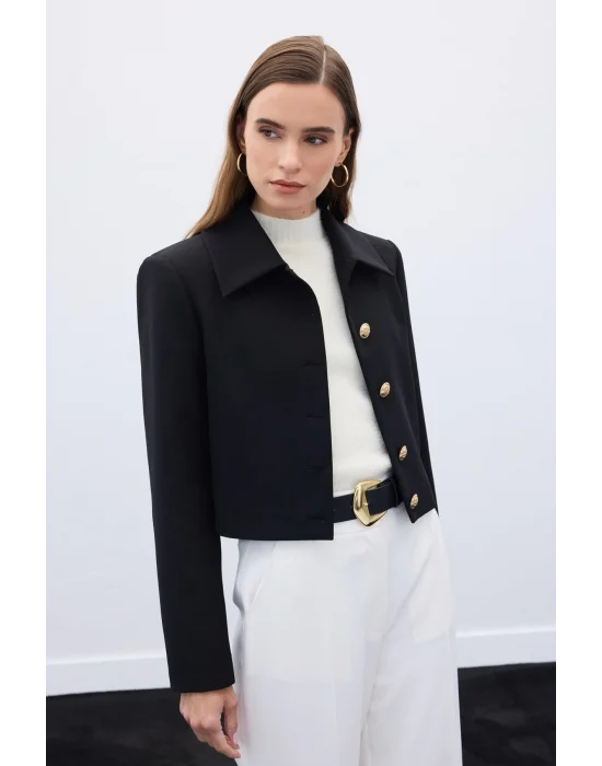 Düğmeli Kısa Ceket - Siyah