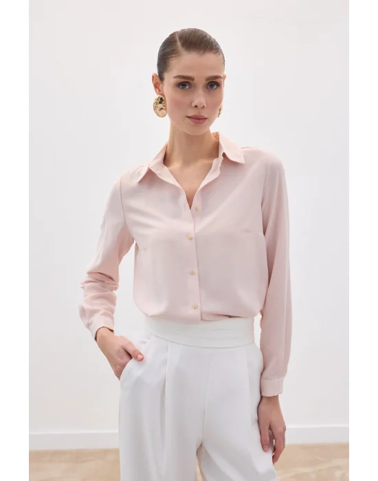 Düz Klasik Gömlek - Pudra