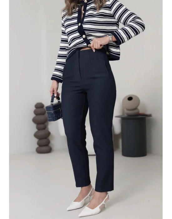 Flatolu Pantolon - Kırçıllı Lacivert