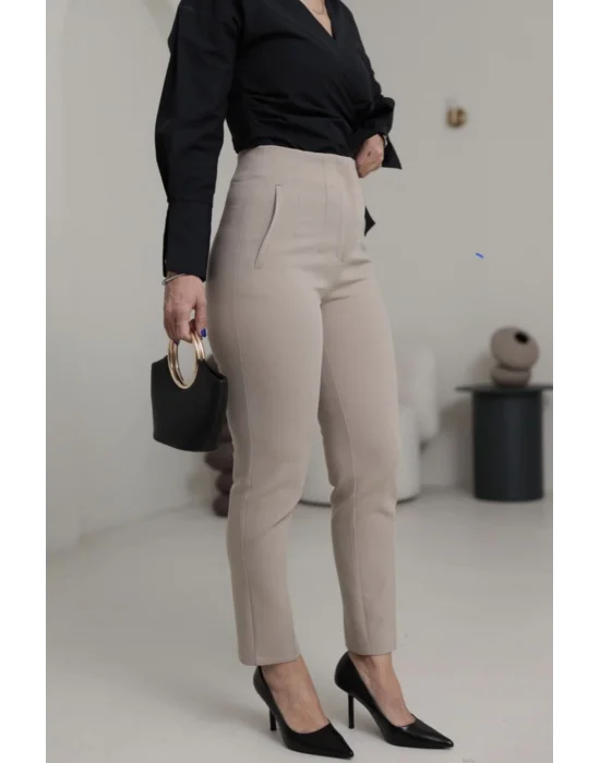 Flatolu Pantolon - Koyu Bej