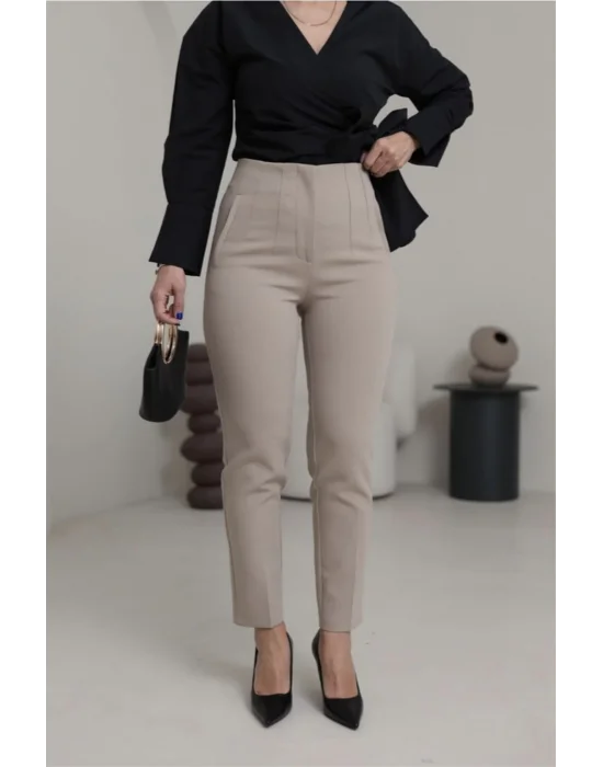 Flatolu Pantolon - Koyu Bej