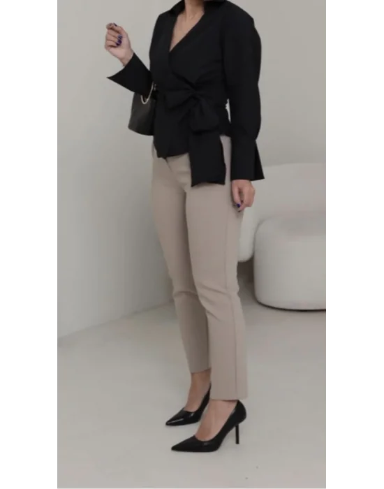 Flatolu Pantolon - Koyu Bej