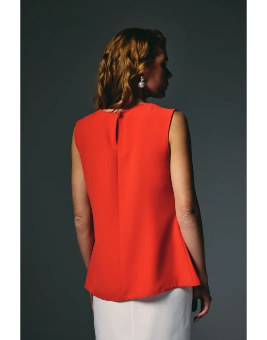 İnci Broşlu Degaje Bluz - Kırmızı