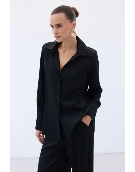 Jakarlı Düz Gömlek - Siyah