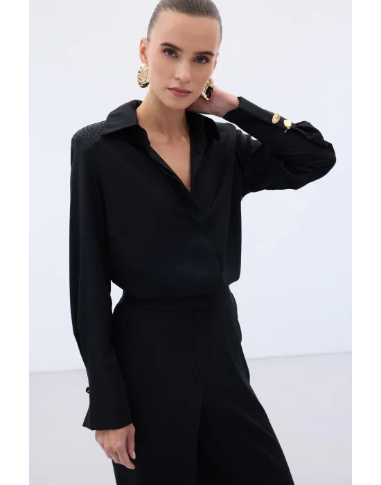 Jakarlı Düz Gömlek - Siyah