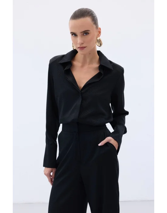 Jakarlı Düz Gömlek - Siyah