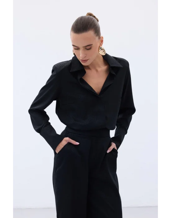 Jakarlı Düz Gömlek - Siyah